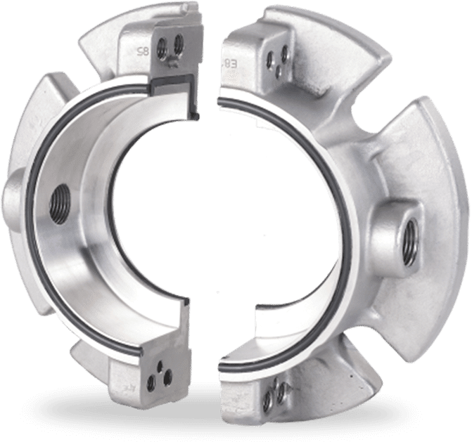 Seal Proof split seal — seal components parted into halves so the unit fits without dismantling the pump.